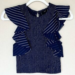 C/MEO COLLECTIVE Shadow of Top Navy w/ Ivory Striped Ruffle Sleeve Top